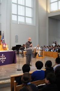 REACHING OUT: Reverend Tim Gavin speaks to the Upper School as part of the process of becoming Head Chaplain. Photo Courtesy of Michael Leslie