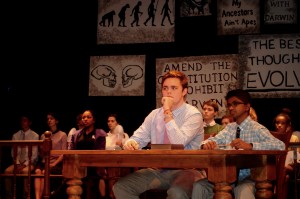 BIBLE VS DARWIN: As Matthew Harrison Brady, Bond prosecutes Bertram Cates for corrupting children with evolution in the Episcopal Academy fall production of Inherit the Wind.  Photo courtesy of Michael Leslie