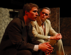 PUTTING MIND TO MATTER: Jacob Viscusi as Henry Drummond and McKee Bond as Matthew Harrison Brady intently discuss the intersection of religious and legal theory in EA’s 2017 play, Inherit the Wind. Photo Courtesy of Daniel Clay